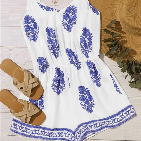 SHEIN Pants - 💙🤍Blue and white patterned romper adjustable straps